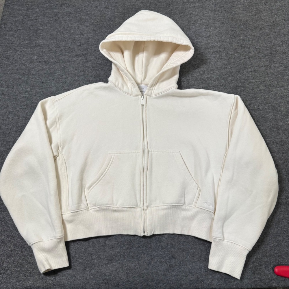 Aritzia Tna Cozy Fleece Boyfriend Zip Hoodie Cream White Cropped XS